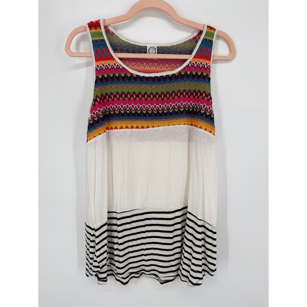 Sun & Moon Tank Top Womens Large White Multi Embroidered Striped Boho T78101-2